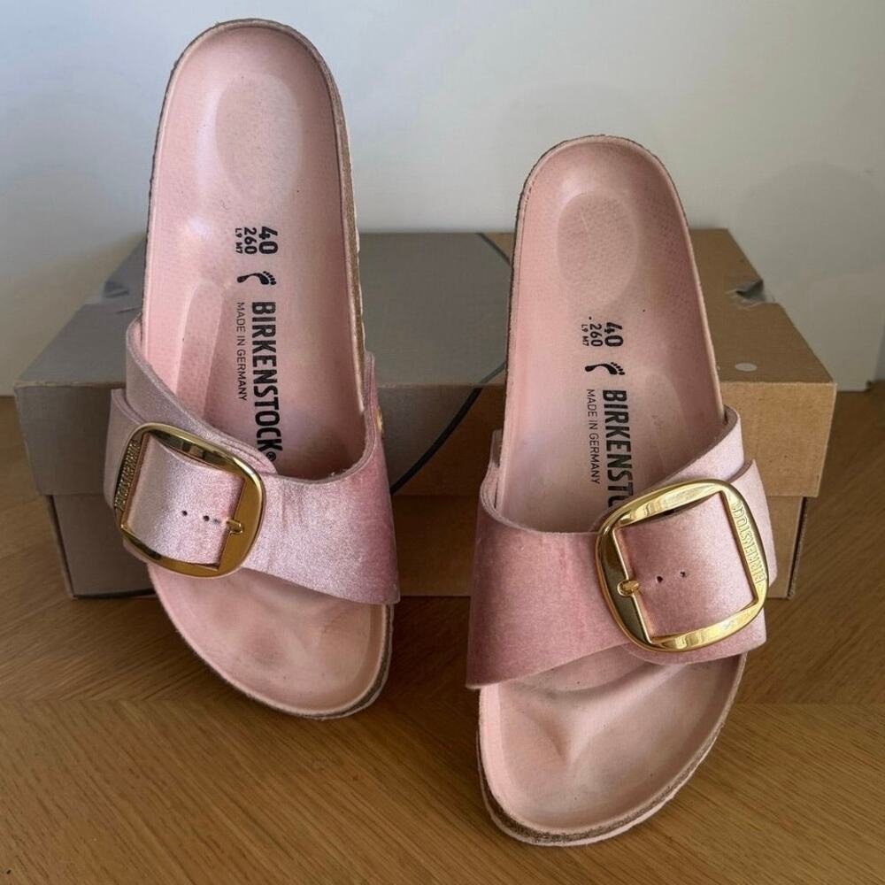 Birkenstock Madrid Big Buckle ‘Soft Pink’ Velvet Strap Sandals- SZ M 7- W 9